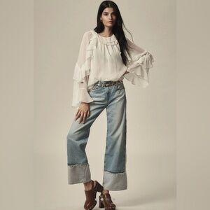 Ruffled Long-Sleeve Chiffon Blouse - Cream